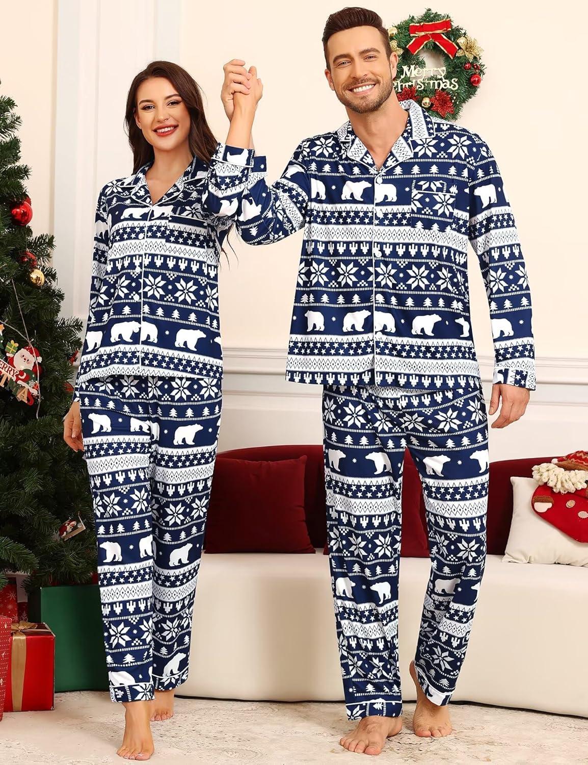 imageSWOMOG Matching Family Pajama Set Couple Christmas Printed Sleepwear Xmas Long Sleeve Lounge Set Men amp Women Pjs SetSnow Hatbuttons