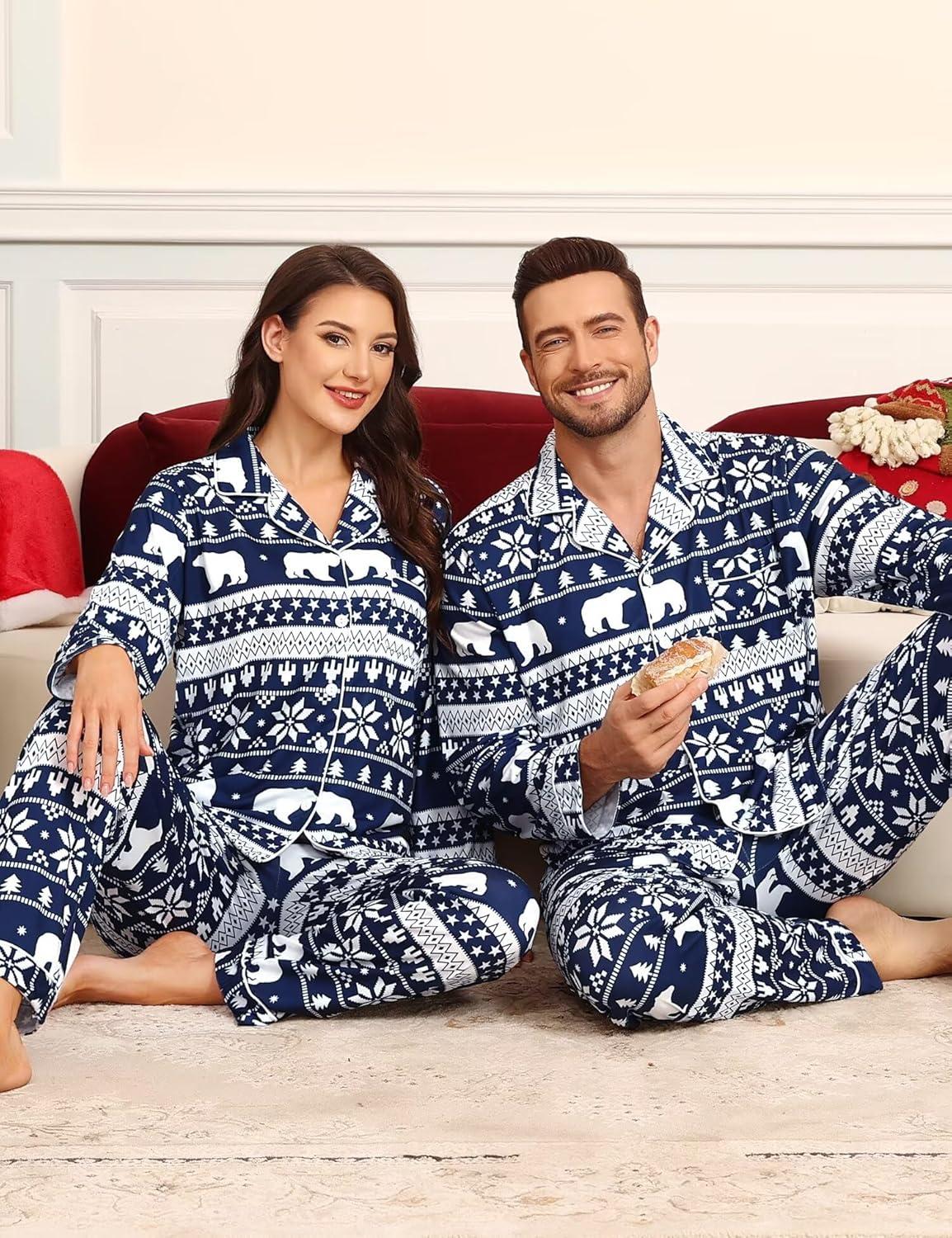 imageSWOMOG Matching Family Pajama Set Couple Christmas Printed Sleepwear Xmas Long Sleeve Lounge Set Men amp Women Pjs SetSnow Hatbuttons