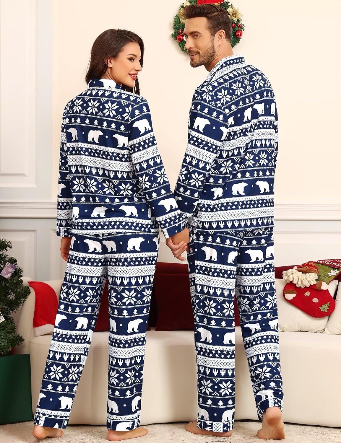 imageSWOMOG Matching Family Pajama Set Couple Christmas Printed Sleepwear Xmas Long Sleeve Lounge Set Men amp Women Pjs SetSnow Hatbuttons