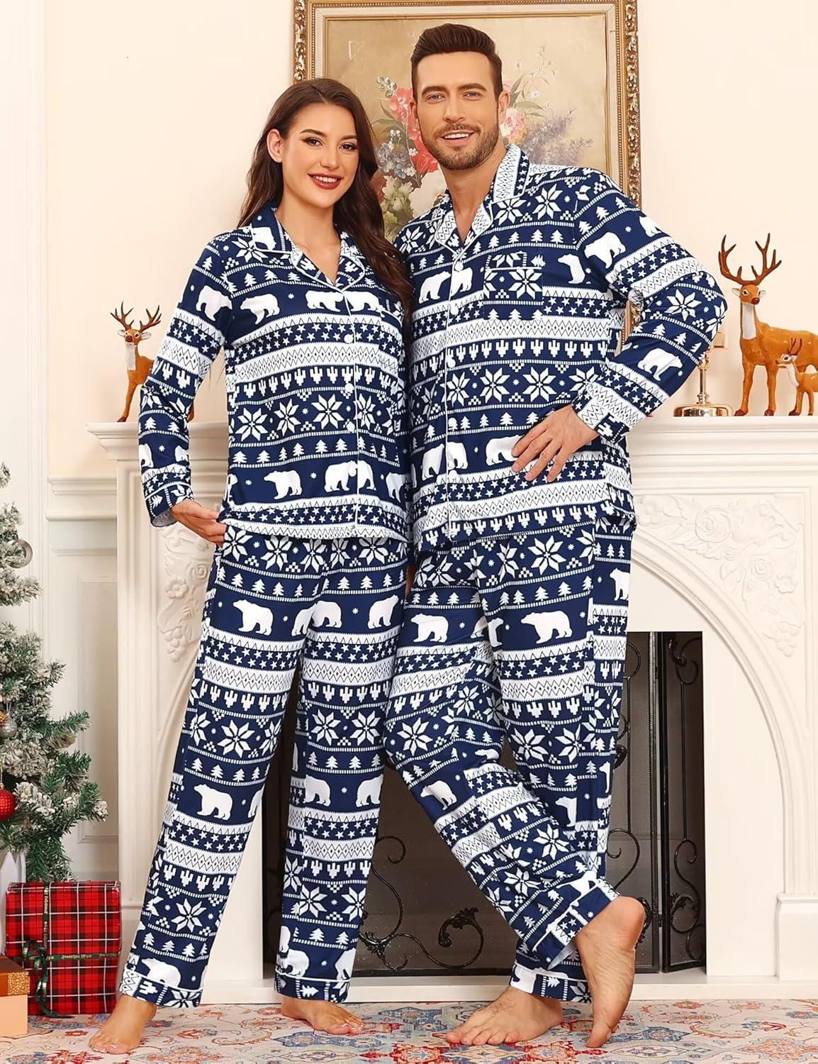 imageSWOMOG Matching Family Pajama Set Couple Christmas Printed Sleepwear Xmas Long Sleeve Lounge Set Men amp Women Pjs SetSnow Hatbuttons
