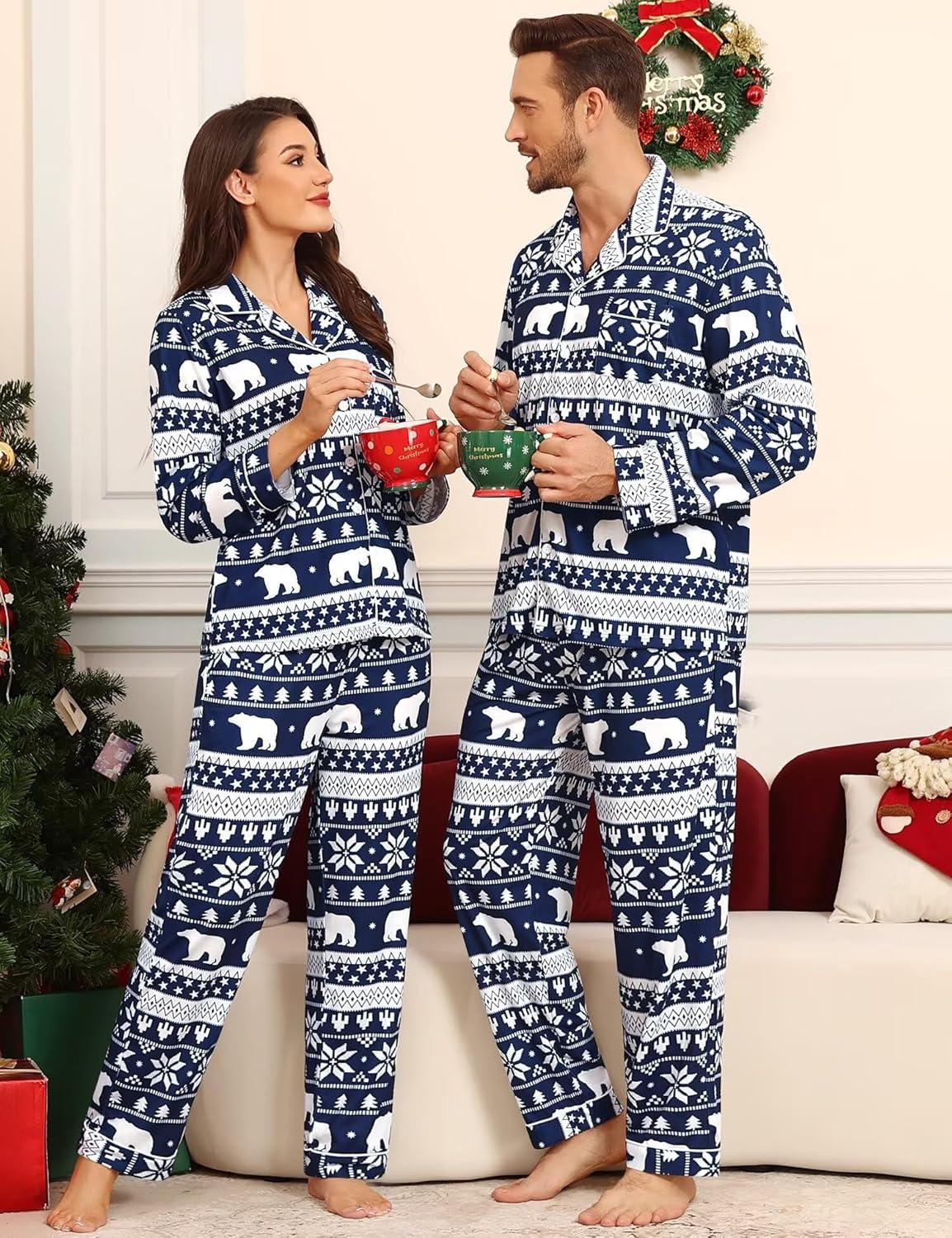 imageSWOMOG Matching Family Pajama Set Couple Christmas Printed Sleepwear Xmas Long Sleeve Lounge Set Men amp Women Pjs SetSnow Hatbuttons