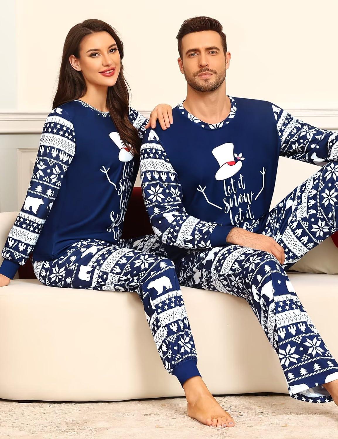 imageSWOMOG Matching Family Pajama Set Couple Christmas Printed Sleepwear Xmas Long Sleeve Lounge Set Men amp Women Pjs SetSnow Hatpullover
