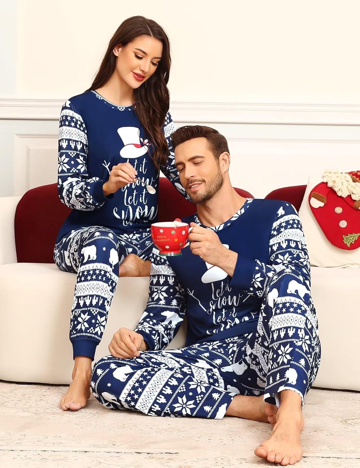 imageSWOMOG Matching Family Pajama Set Couple Christmas Printed Sleepwear Xmas Long Sleeve Lounge Set Men amp Women Pjs SetSnow Hatpullover
