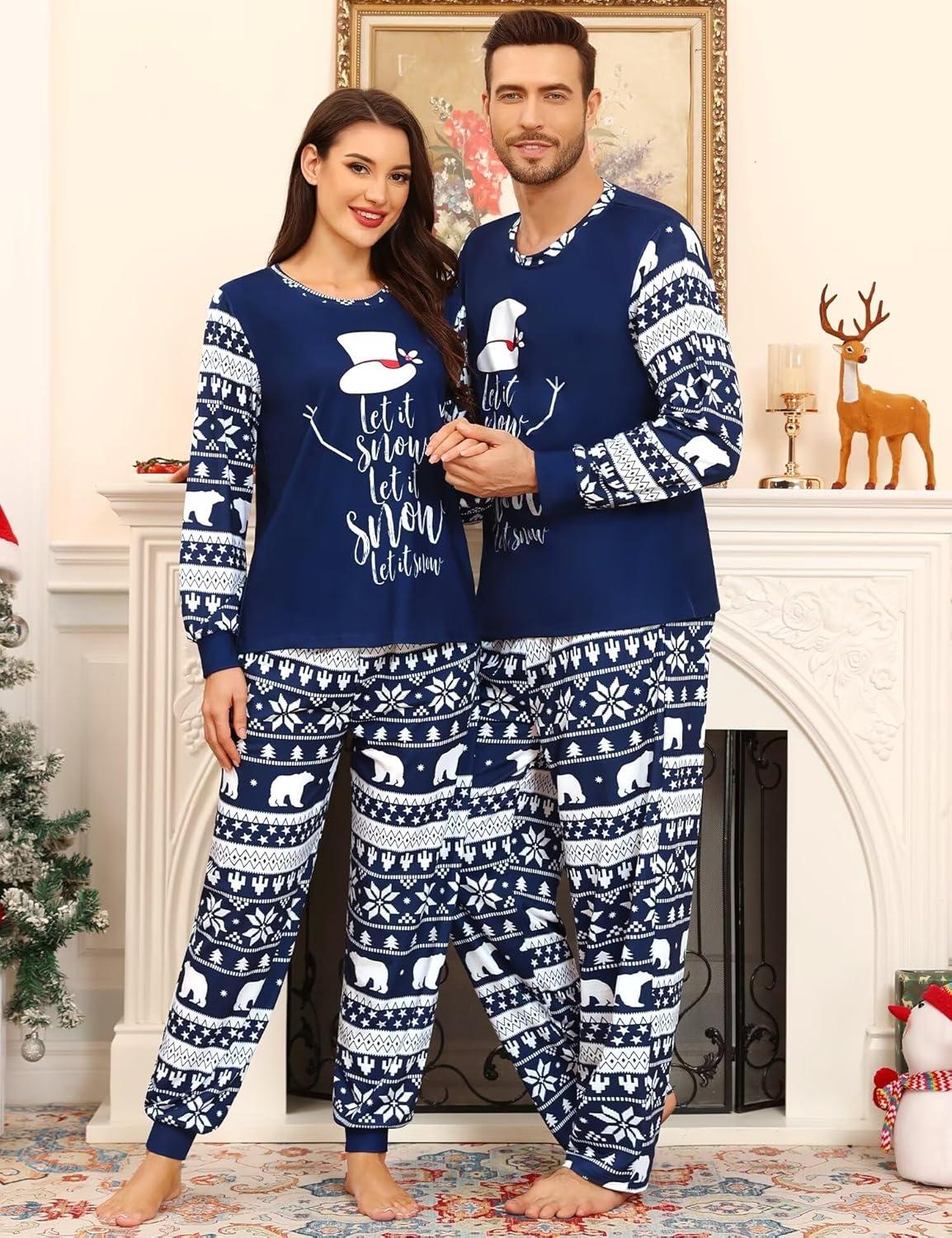 imageSWOMOG Matching Family Pajama Set Couple Christmas Printed Sleepwear Xmas Long Sleeve Lounge Set Men amp Women Pjs SetSnow Hatpullover