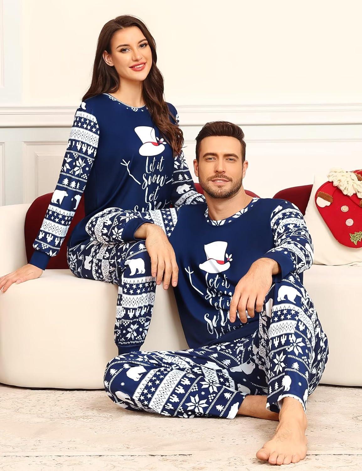 imageSWOMOG Matching Family Pajama Set Couple Christmas Printed Sleepwear Xmas Long Sleeve Lounge Set Men amp Women Pjs SetSnow Hatpullover