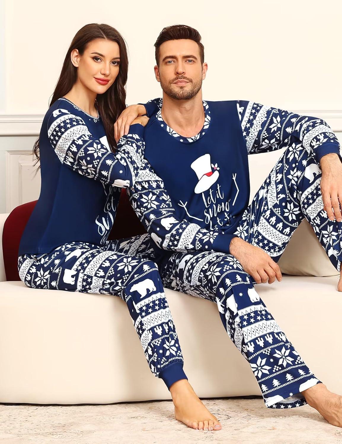 imageSWOMOG Matching Family Pajama Set Couple Christmas Printed Sleepwear Xmas Long Sleeve Lounge Set Men amp Women Pjs SetSnow Hatpullover