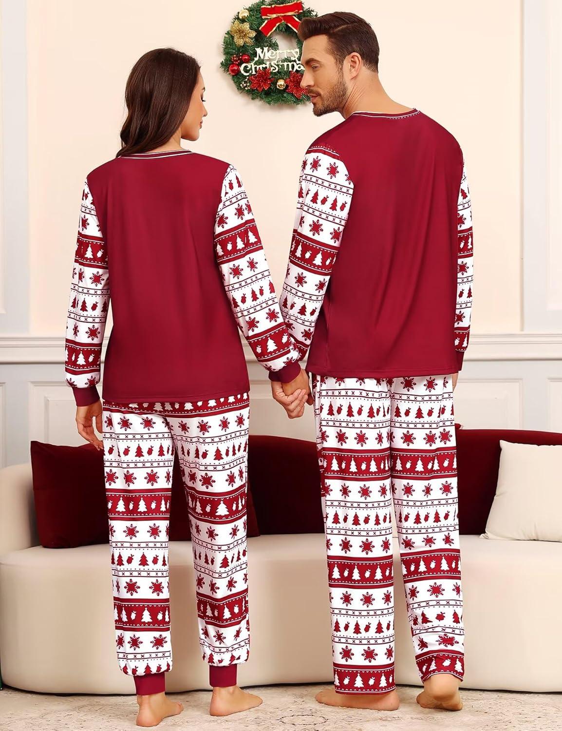 imageSWOMOG Matching Family Pajama Set Couple Christmas Printed Sleepwear Xmas Long Sleeve Lounge Set Men amp Women Pjs SetWine Red Tree