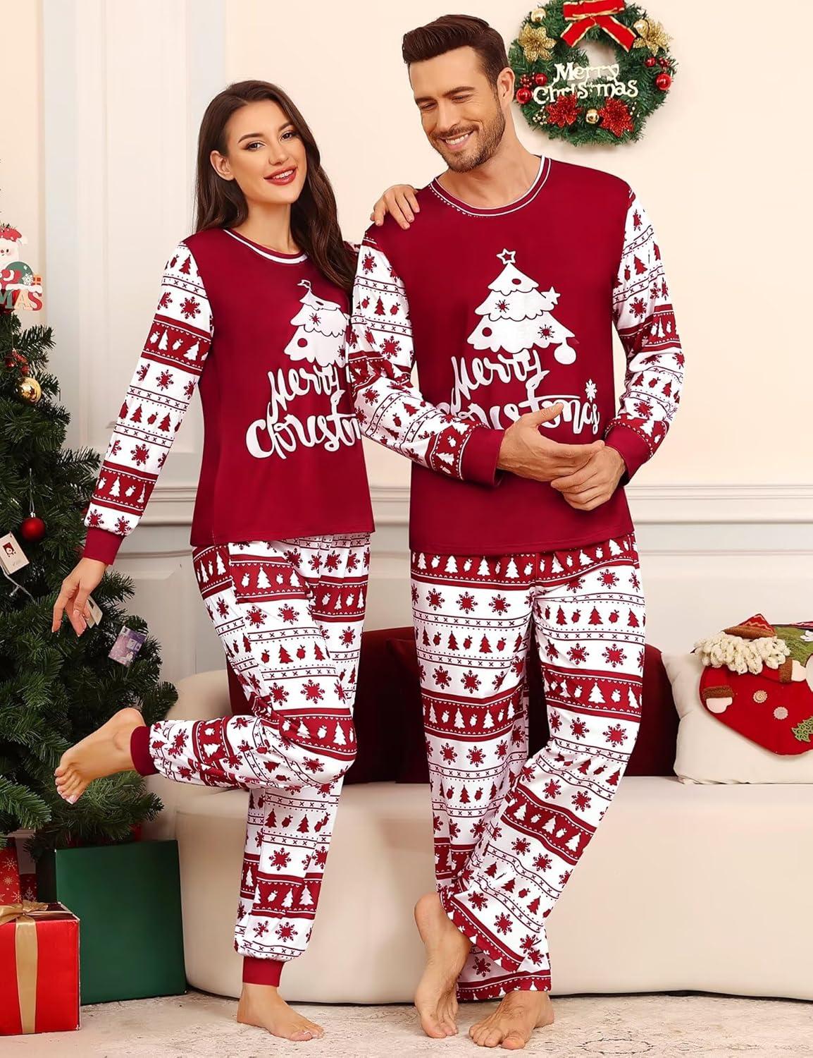 imageSWOMOG Matching Family Pajama Set Couple Christmas Printed Sleepwear Xmas Long Sleeve Lounge Set Men amp Women Pjs SetWine Red Tree