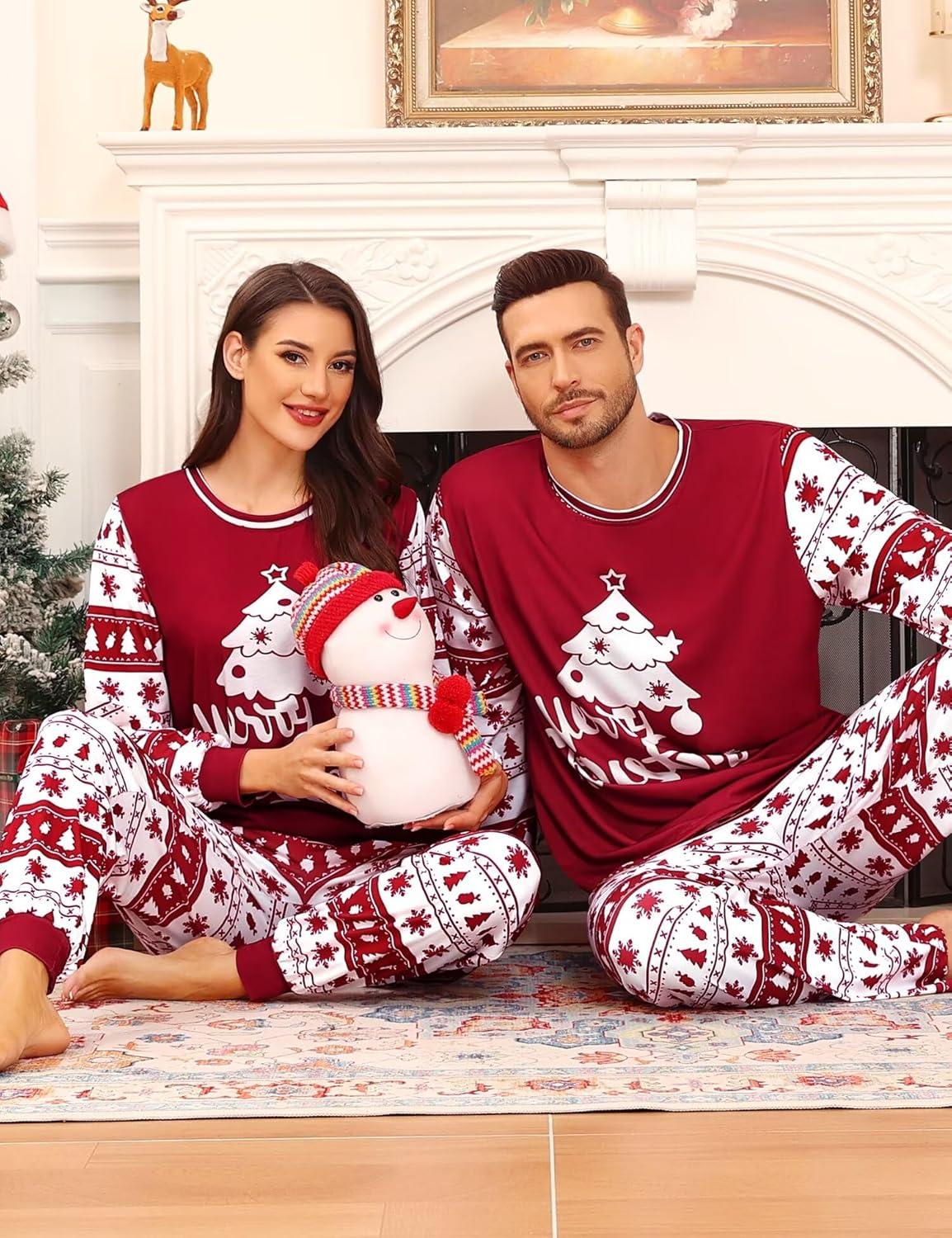 imageSWOMOG Matching Family Pajama Set Couple Christmas Printed Sleepwear Xmas Long Sleeve Lounge Set Men amp Women Pjs SetWine Red Tree