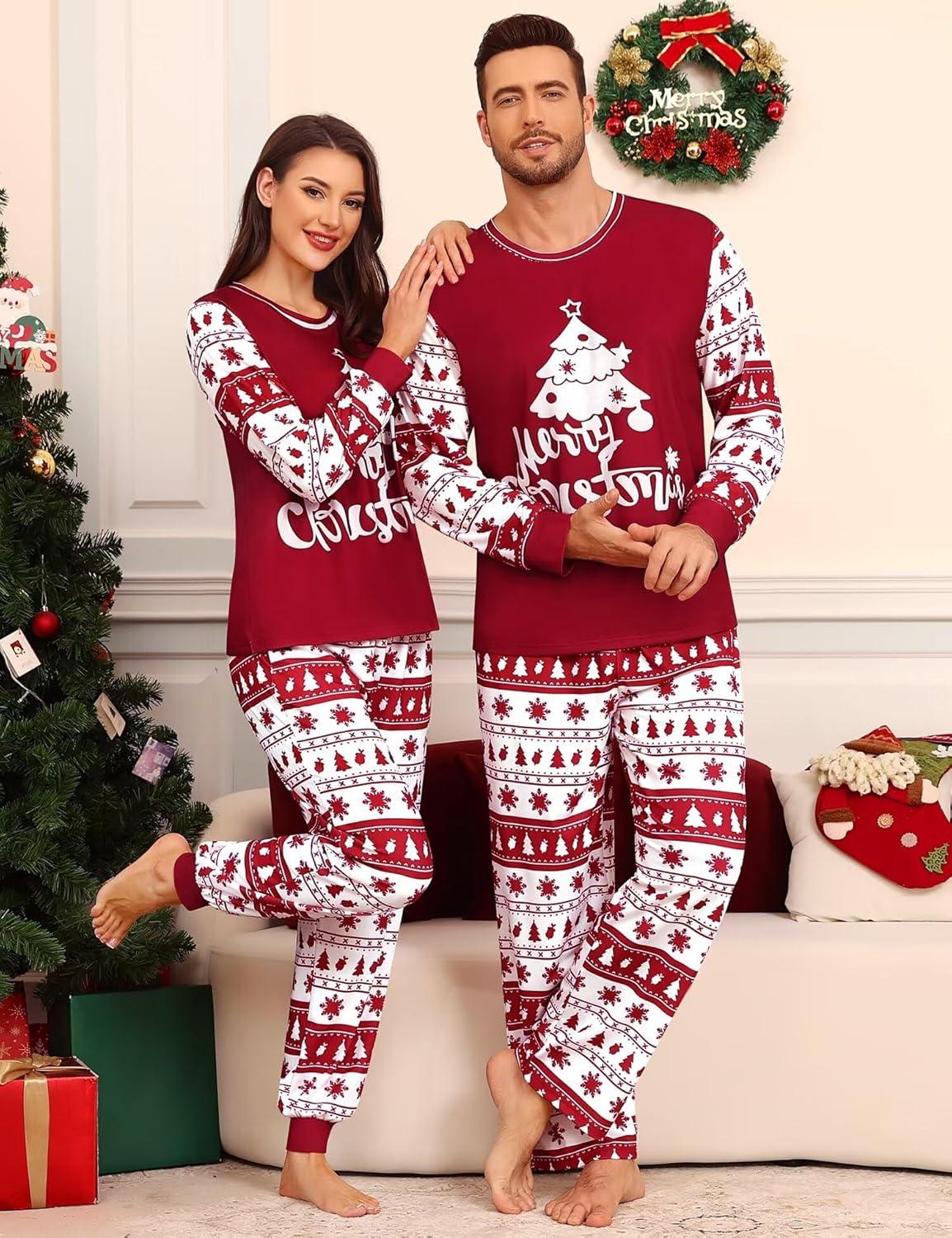 imageSWOMOG Matching Family Pajama Set Couple Christmas Printed Sleepwear Xmas Long Sleeve Lounge Set Men amp Women Pjs SetWine Red Tree