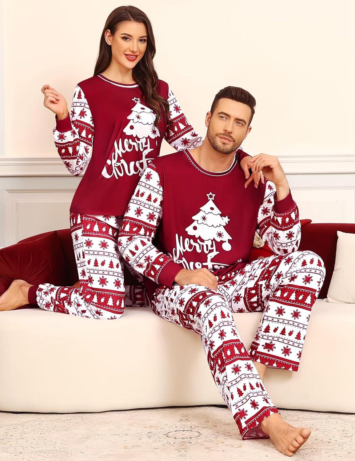 imageSWOMOG Matching Family Pajama Set Couple Christmas Printed Sleepwear Xmas Long Sleeve Lounge Set Men amp Women Pjs SetWine Red Tree