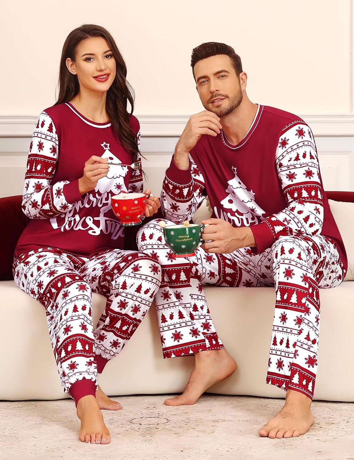 imageSWOMOG Matching Family Pajama Set Couple Christmas Printed Sleepwear Xmas Long Sleeve Lounge Set Men amp Women Pjs SetWine Red Tree