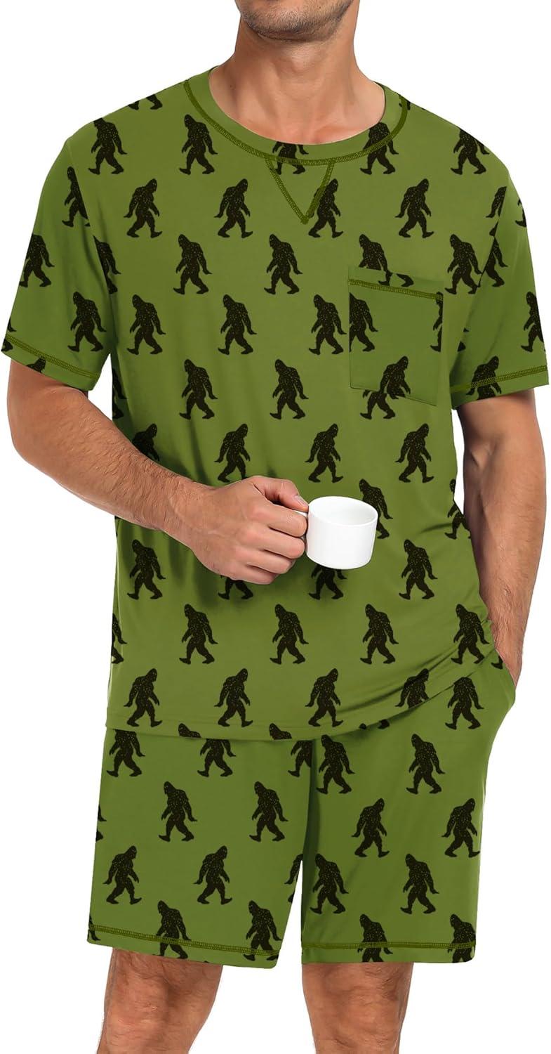 imageSWOMOG Men Modal Pajamas Set Comfy Sleepwear Short Sleeve Pjs Set Soft 2 Piece Lounge Set Cozy Nightwear with PocketsArmy Green Bigfoot