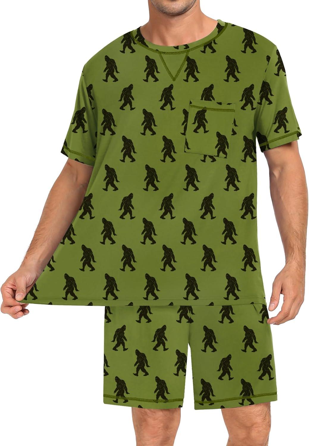 imageSWOMOG Men Modal Pajamas Set Comfy Sleepwear Short Sleeve Pjs Set Soft 2 Piece Lounge Set Cozy Nightwear with PocketsArmy Green Bigfoot