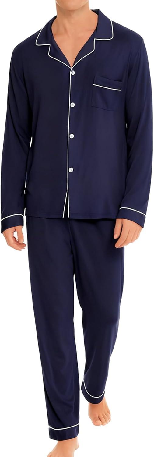 imageSWOMOG Men Pajamas Set Comfy Modal Pjs Button Down Sleepwear 2 Piece Long Sleeve Lounge Set Soft Nightwear with PocketsNopockets Navy