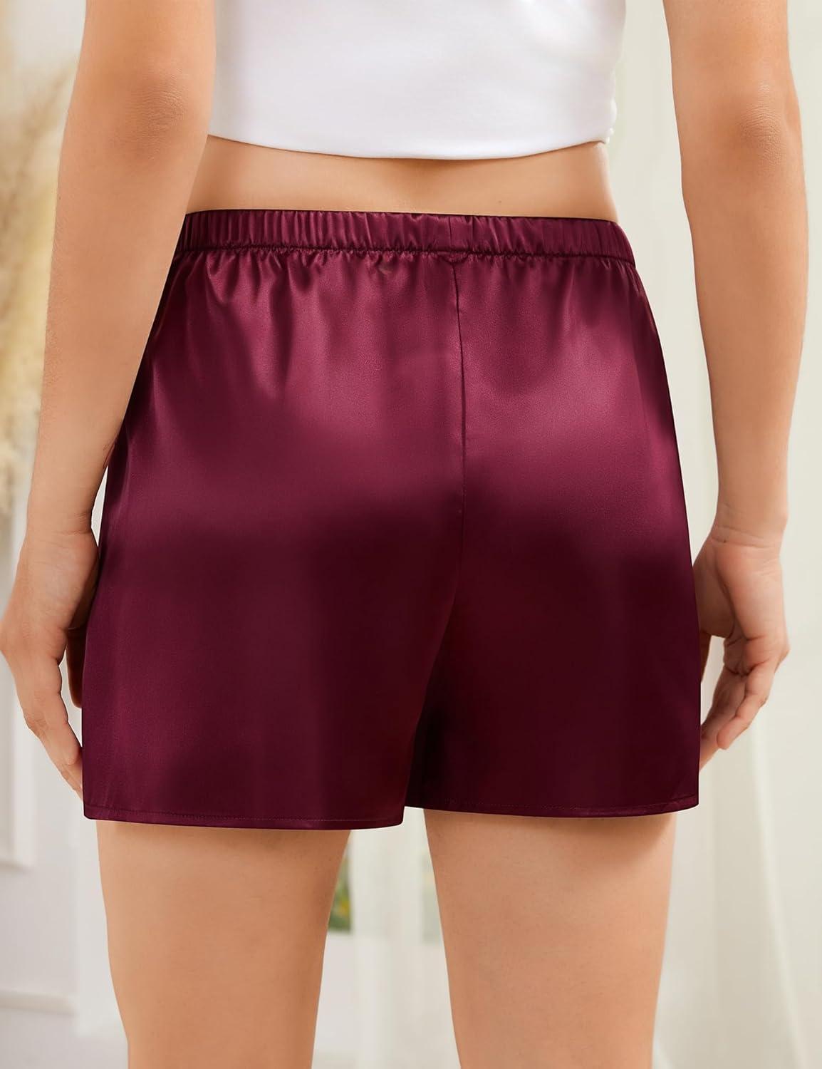 imageSWOMOG Satin Silk Lace Shorts for Women Lace Trim Micro Mini Shorts Slip Pj Bottoms Knickers BoxerDeep Wine Red