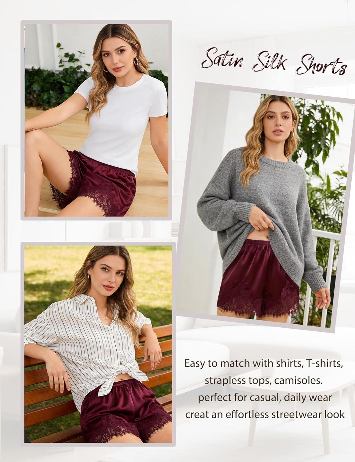 imageSWOMOG Satin Silk Lace Shorts for Women Lace Trim Micro Mini Shorts Slip Pj Bottoms Knickers BoxerDeep Wine Red