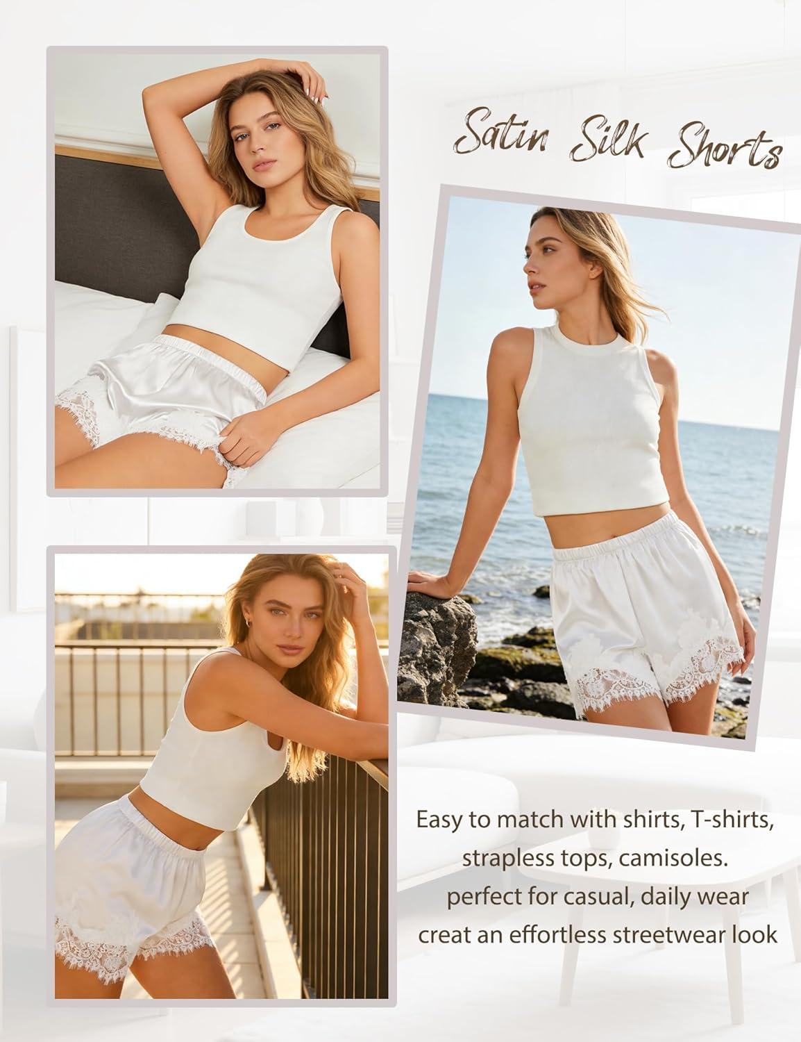 imageSWOMOG Satin Silk Lace Shorts for Women Lace Trim Micro Mini Shorts Slip Pj Bottoms Knickers BoxerWhite