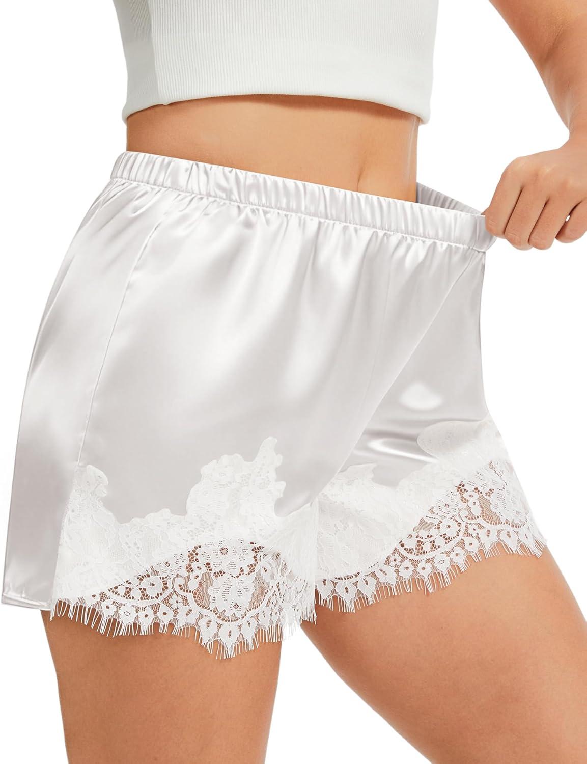 imageSWOMOG Satin Silk Lace Shorts for Women Lace Trim Micro Mini Shorts Slip Pj Bottoms Knickers BoxerWhite