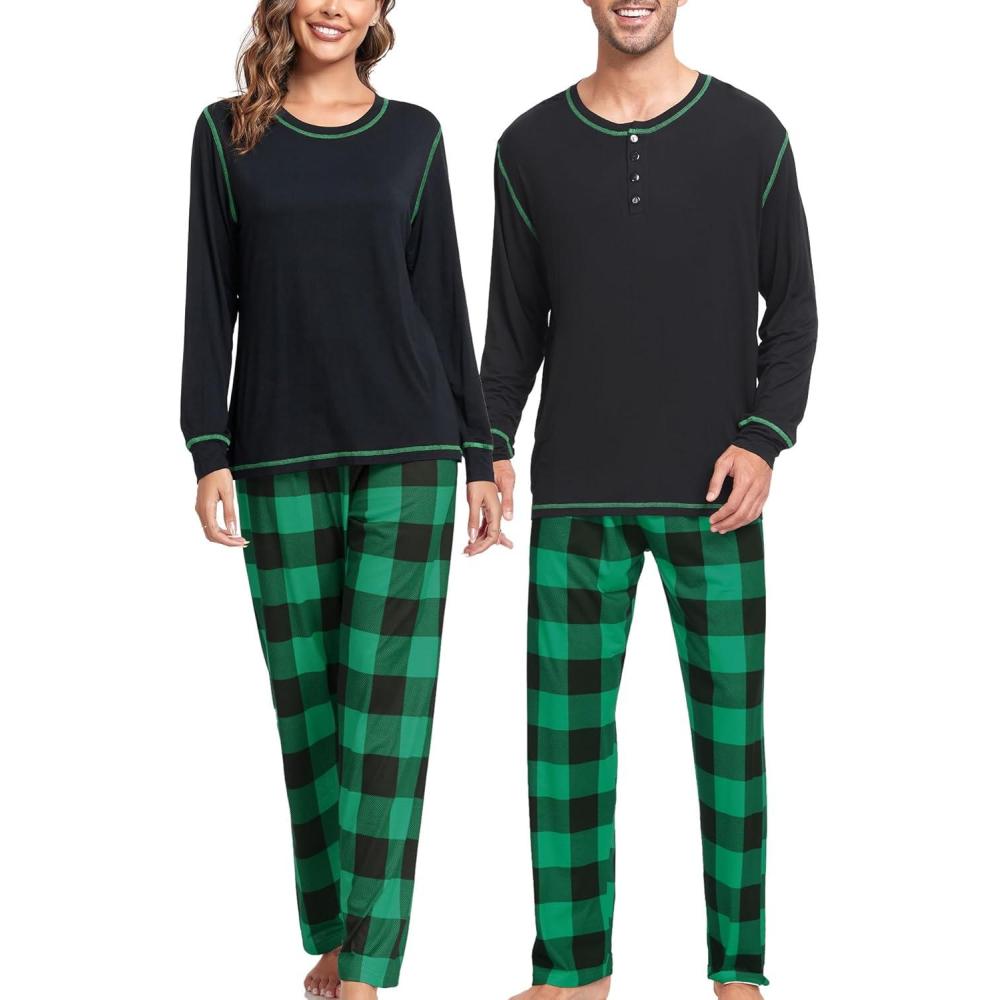 imageSWOMOG Couple Christmas Pajamas MEN amp WOMEN Pjs Long Sleeve Top amp Plaid Bottom Soft Sleepwear LoungewearBlack Green