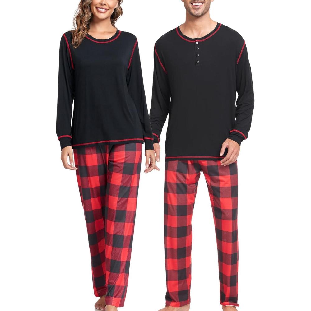imageSWOMOG Couple Christmas Pajamas MEN amp WOMEN Pjs Long Sleeve Top amp Plaid Bottom Soft Sleepwear LoungewearBlack Red Plaid