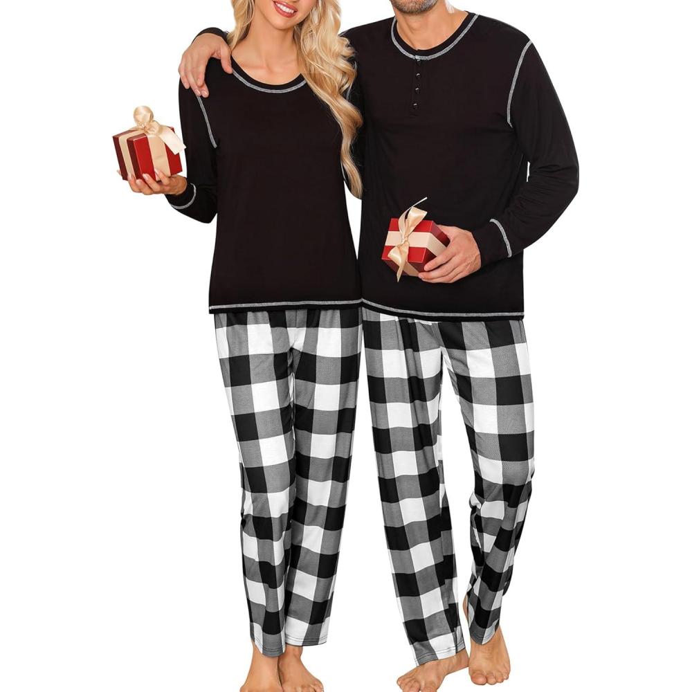 imageSWOMOG Couple Christmas Pajamas MEN amp WOMEN Pjs Long Sleeve Top amp Plaid Bottom Soft Sleepwear LoungewearBlack White