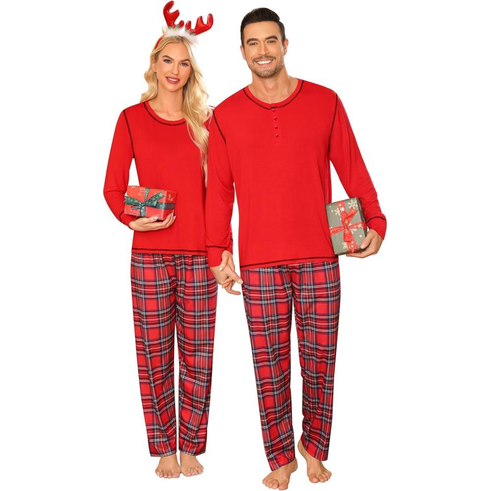 imageSWOMOG Couple Christmas Pajamas MEN amp WOMEN Pjs Long Sleeve Top amp Plaid Bottom Soft Sleepwear LoungewearRed