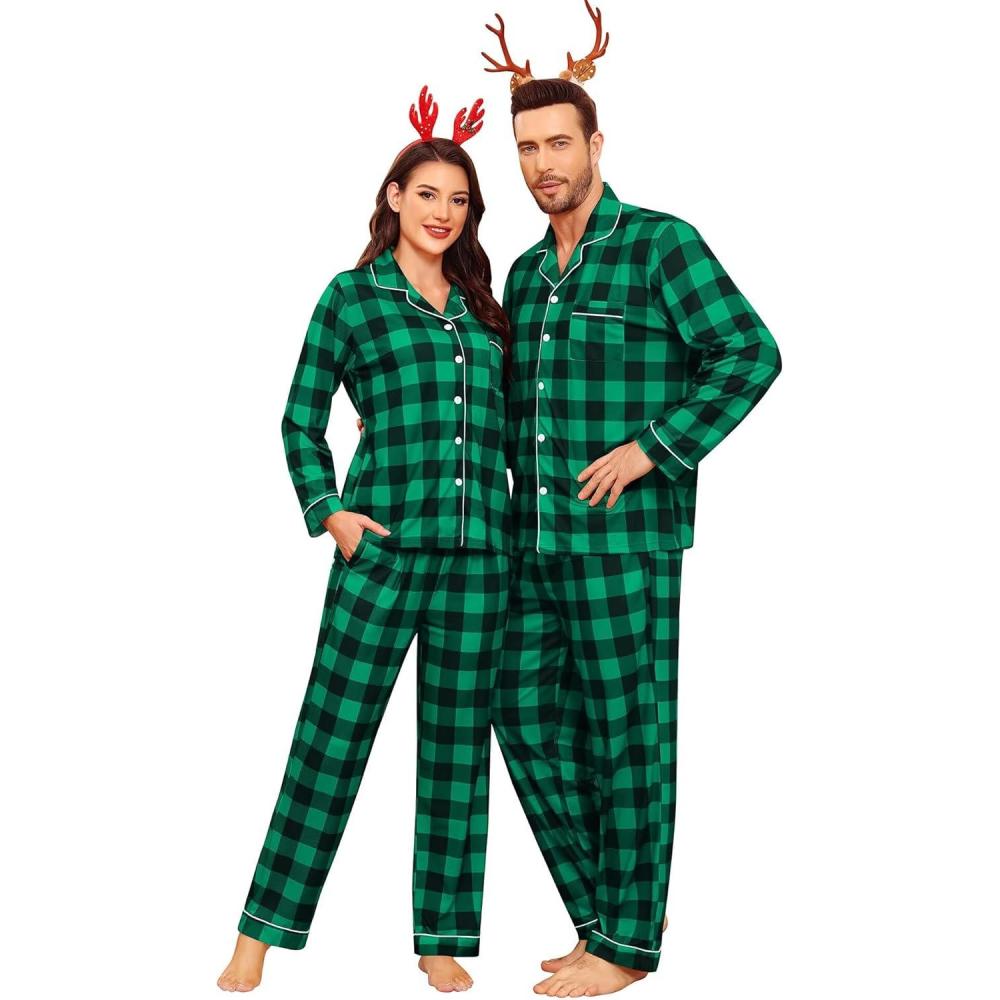 imageSWOMOG Matching Family Pajama Set Couple Christmas Printed Sleepwear Xmas Long Sleeve Lounge Set Men amp Women Pjs SetBlack Green Plaid
