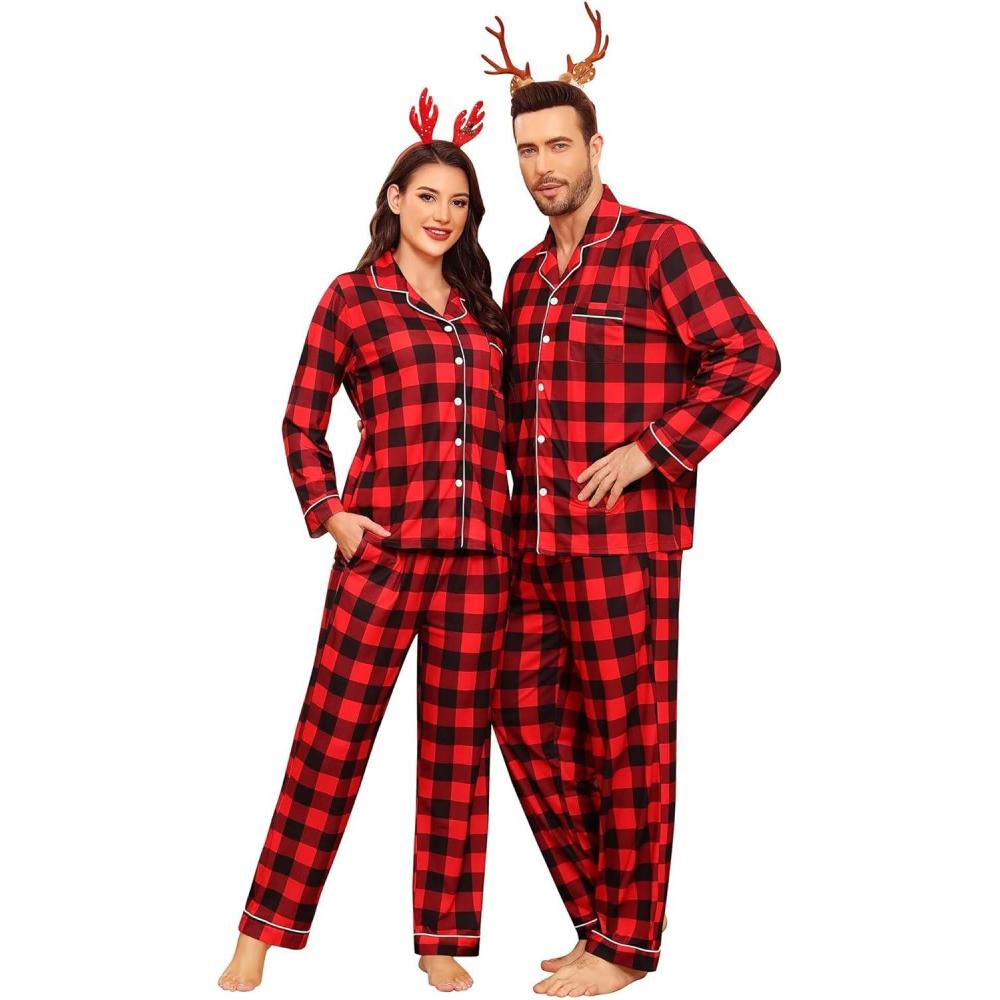 imageSWOMOG Matching Family Pajama Set Couple Christmas Printed Sleepwear Xmas Long Sleeve Lounge Set Men amp Women Pjs SetRed Black Plaid