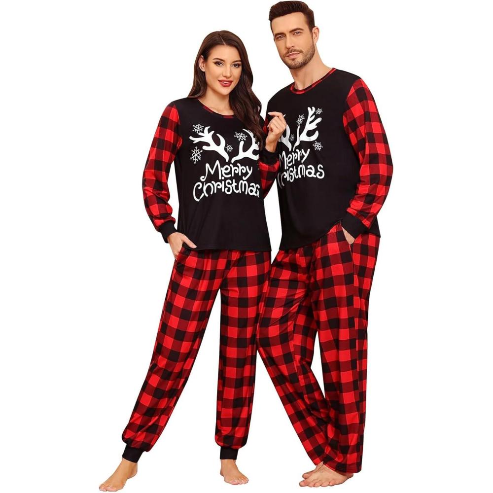 imageSWOMOG Matching Family Pajama Set Couple Christmas Printed Sleepwear Xmas Long Sleeve Lounge Set Men amp Women Pjs SetRed Christmas Elk