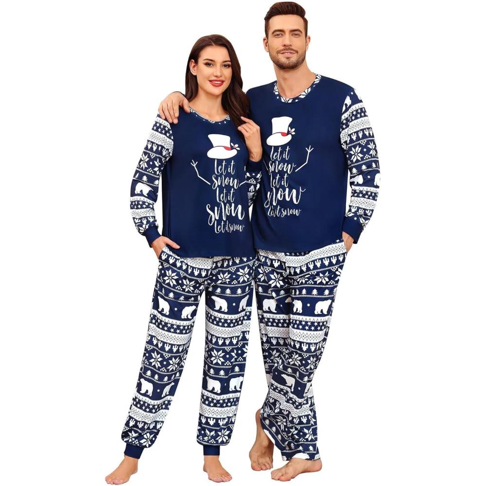 imageSWOMOG Matching Family Pajama Set Couple Christmas Printed Sleepwear Xmas Long Sleeve Lounge Set Men amp Women Pjs SetSnow Hatpullover