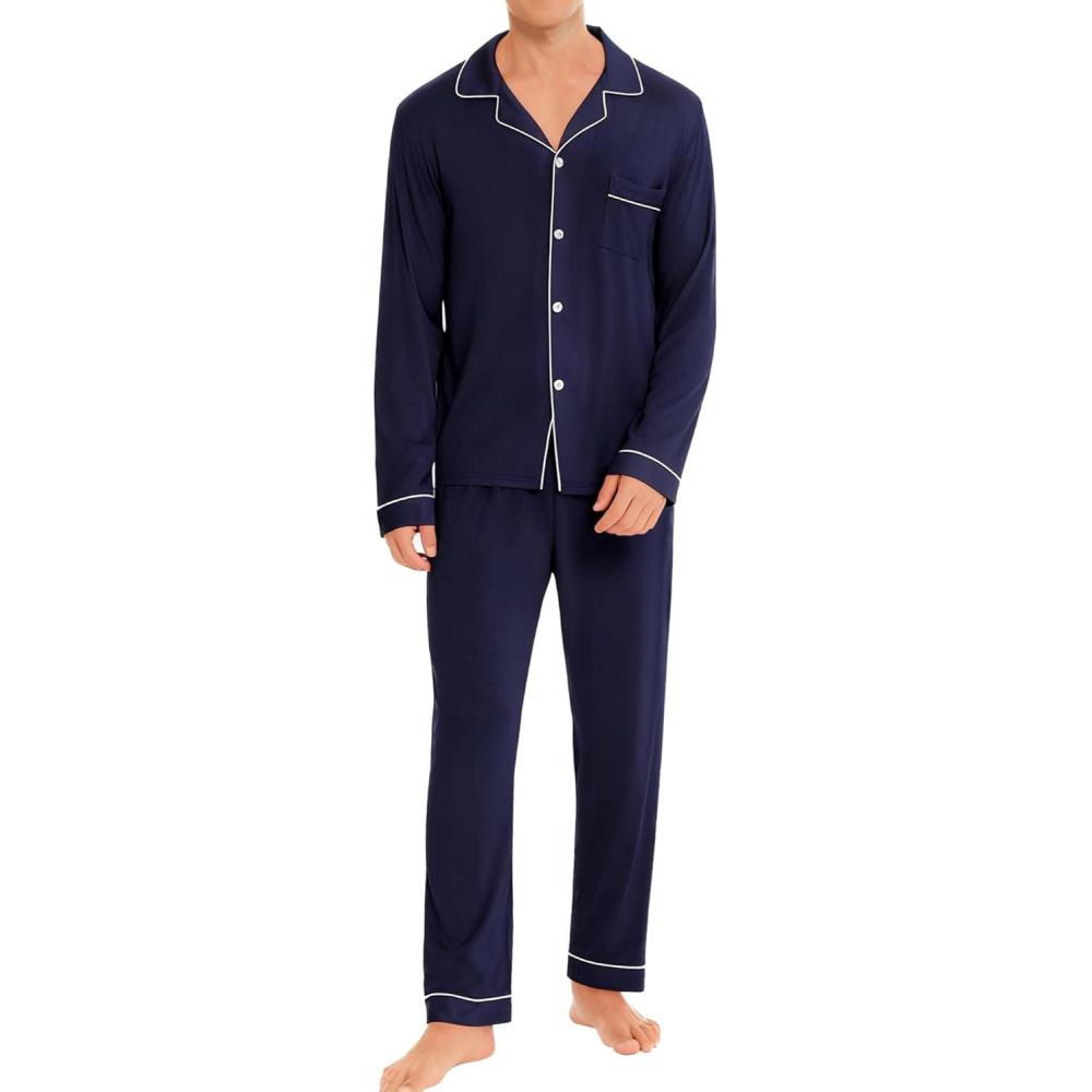 imageSWOMOG Men Pajamas Set Comfy Modal Pjs Button Down Sleepwear 2 Piece Long Sleeve Lounge Set Soft Nightwear with PocketsNopockets Navy
