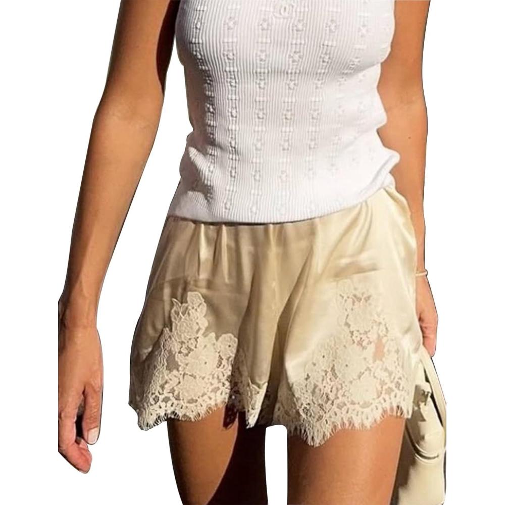 imageSWOMOG Satin Silk Lace Shorts for Women Lace Trim Micro Mini Shorts Slip Pj Bottoms Knickers BoxerChampagne