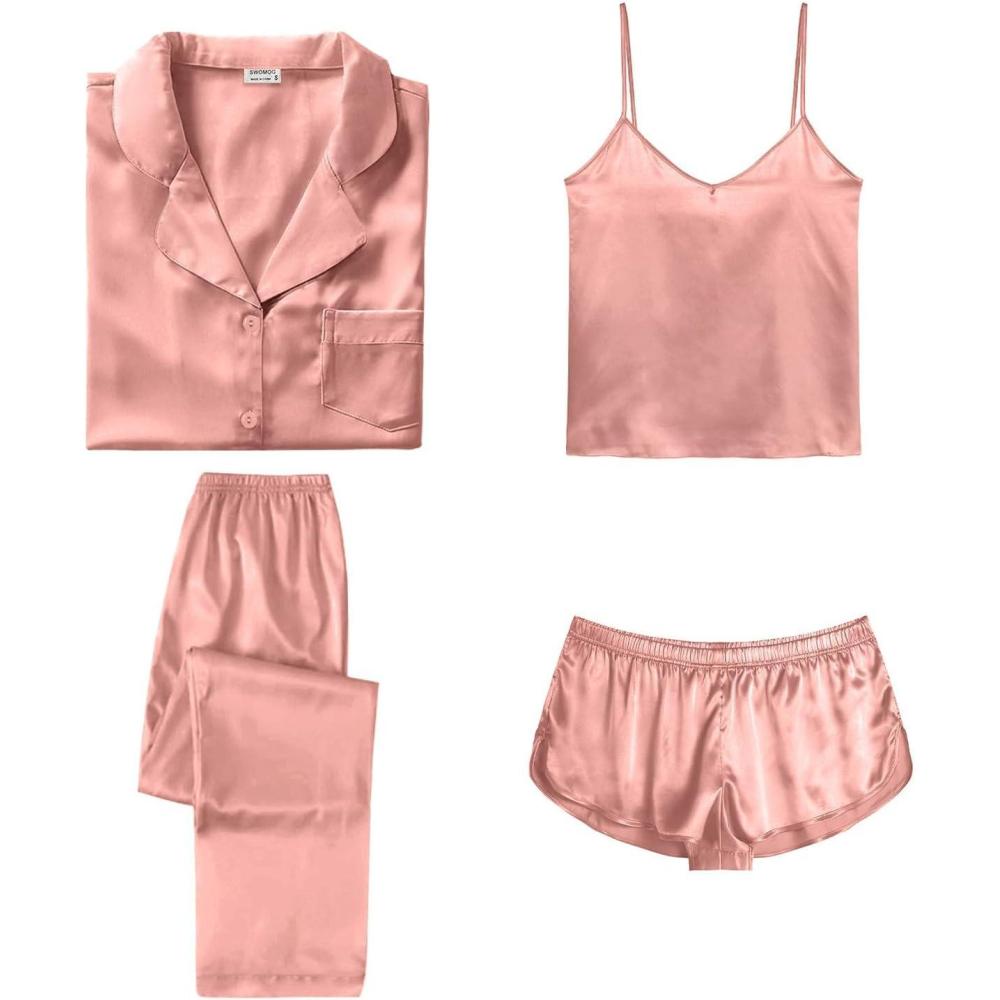 imageSWOMOG Womens Silk Satin Pajamas Sets 4pcs Sleepwear Sexy Cami Shorts Set and Button Down Short Sleeve Pjs LoungewearSolid Color Gold Pink