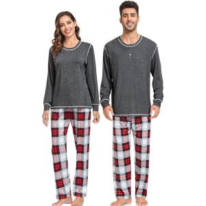 SWOMOG Couple Christmas Pajamas MEN & WOMEN Pjs Long Sleeve Top & Plaid Bottom Soft Sleepwear Loungewear(Deep Grey)