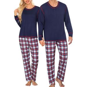 SWOMOG Couple Christmas Pajamas MEN & WOMEN Pjs Long Sleeve Top & Plaid Bottom Soft Sleepwear Loungewear(Navy Blue- Red Plaid)
