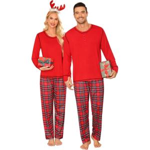 SWOMOG Couple Christmas Pajamas MEN & WOMEN Pjs Long Sleeve Top & Plaid Bottom Soft Sleepwear Loungewear(Red)