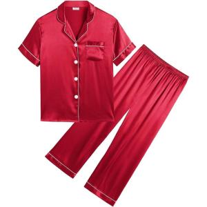 SWOMOG Girls Boys Silk Satin Pajamas Set Button-Down Two-Piece PJs Lounge Sets with Long Pants(Pants-red 1)
