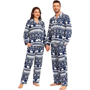SWOMOG Matching Family Pajama Set Couple Christmas Printed Sleepwear Xmas Long Sleeve Lounge Set Men & Women Pjs Set(Snow Hat-buttons)