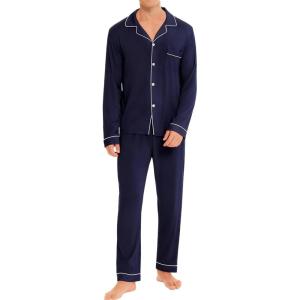 SWOMOG Men Pajamas Set Comfy Modal Pjs Button Down Sleepwear 2 Piece Long Sleeve Lounge Set Soft Nightwear with Pockets(No-pockets Navy)