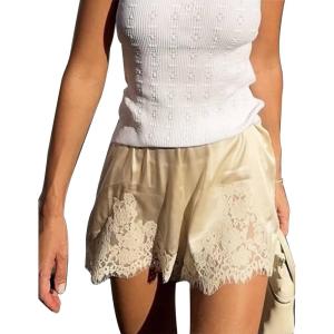 SWOMOG Satin Silk Lace Shorts for Women Lace Trim Micro Mini Shorts Slip Pj Bottoms Knickers Boxer(Champagne)