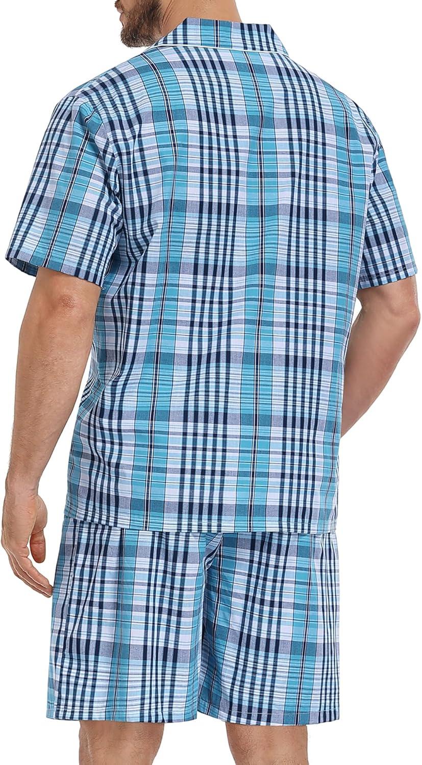 imageSWOMOG Mens 100 Cotton Pajama Set 2Pcs Button Down Pjs Set Short Sleeve Sleepwear with Pocket Soft Summer Stripe NightwearBlue Grey Plaid
