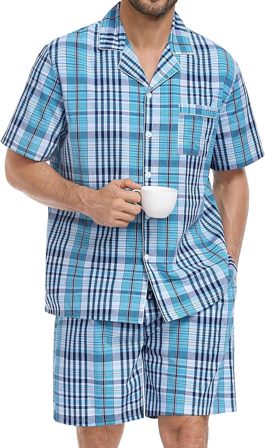 imageSWOMOG Mens 100 Cotton Pajama Set 2Pcs Button Down Pjs Set Short Sleeve Sleepwear with Pocket Soft Summer Stripe NightwearBlue Grey Plaid