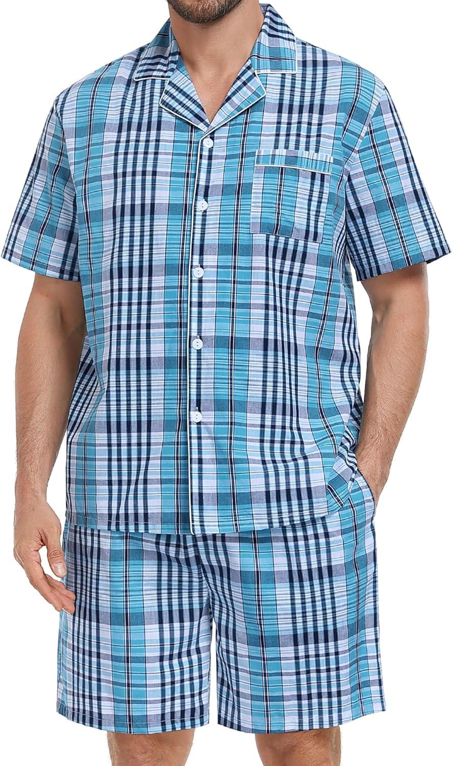 imageSWOMOG Mens 100 Cotton Pajama Set 2Pcs Button Down Pjs Set Short Sleeve Sleepwear with Pocket Soft Summer Stripe NightwearBlue Grey Plaid