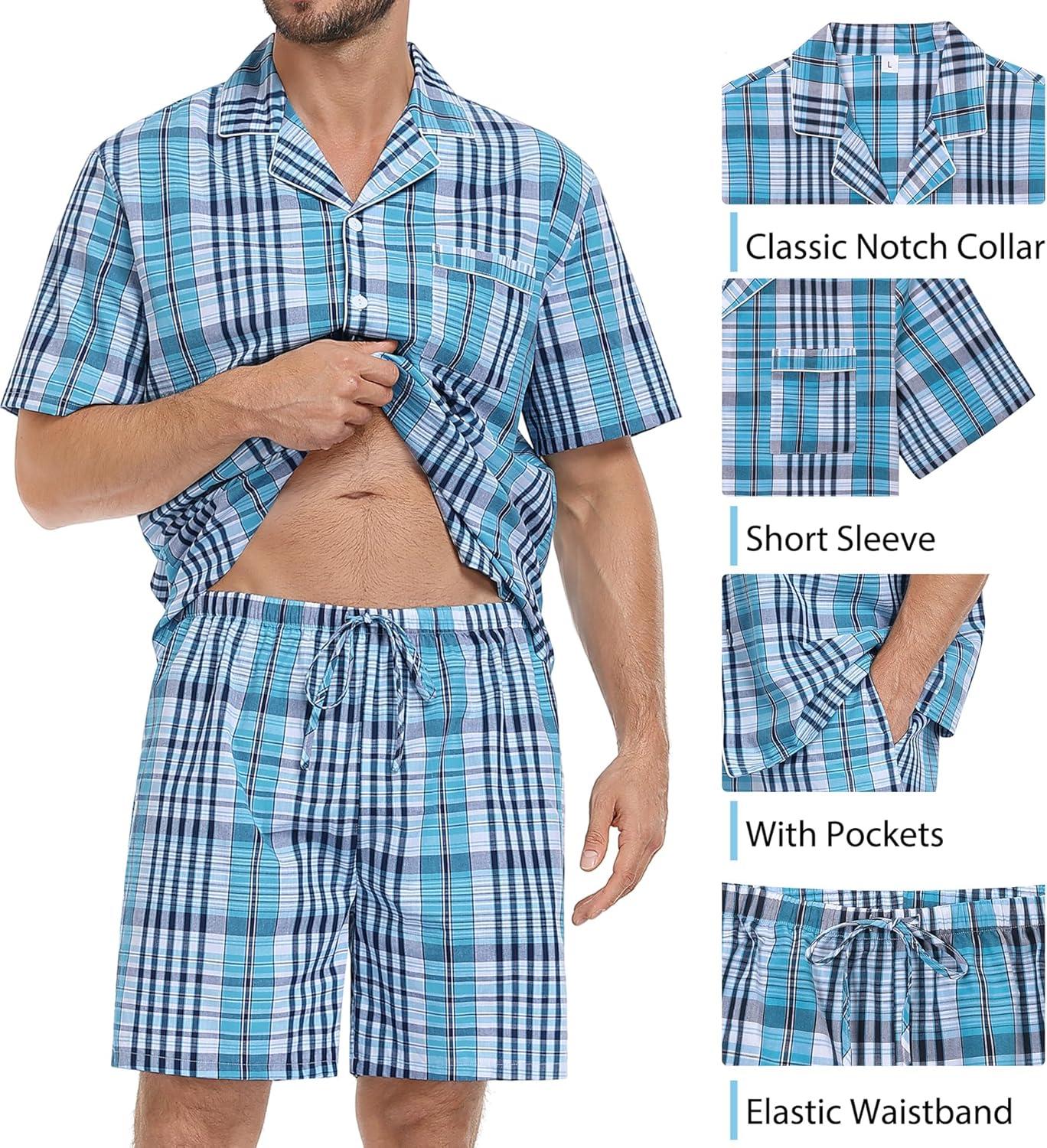 imageSWOMOG Mens 100 Cotton Pajama Set 2Pcs Button Down Pjs Set Short Sleeve Sleepwear with Pocket Soft Summer Stripe NightwearBlue Grey Plaid
