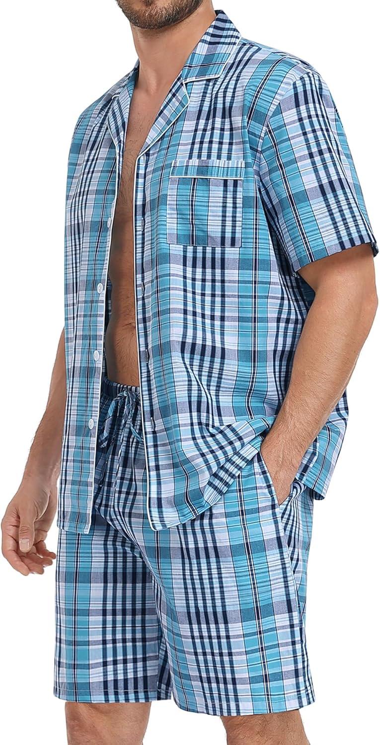 imageSWOMOG Mens 100 Cotton Pajama Set 2Pcs Button Down Pjs Set Short Sleeve Sleepwear with Pocket Soft Summer Stripe NightwearBlue Grey Plaid