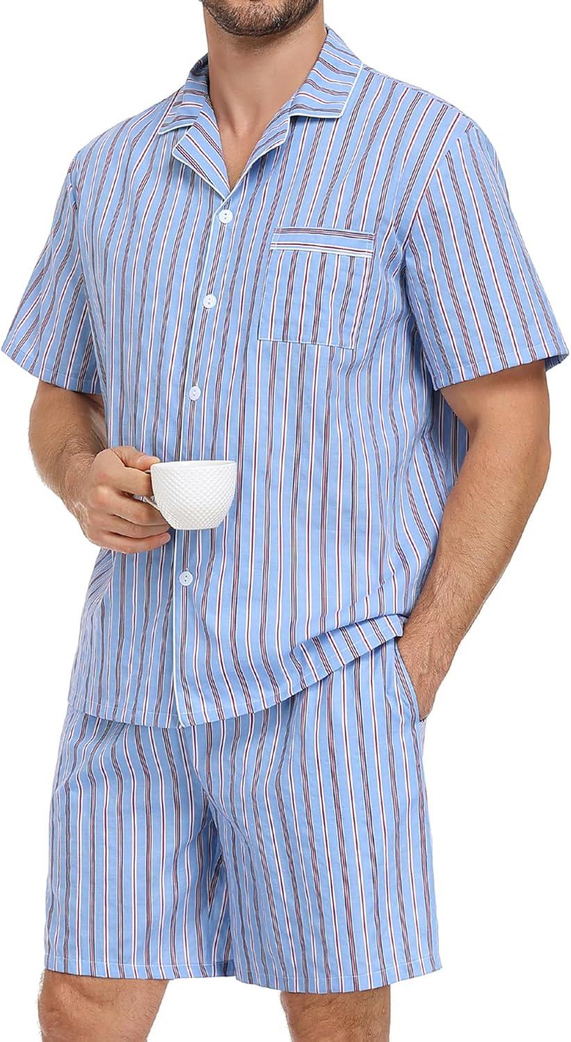 imageSWOMOG Mens 100 Cotton Pajama Set 2Pcs Button Down Pjs Set Short Sleeve Sleepwear with Pocket Soft Summer Stripe NightwearBlue Stripes