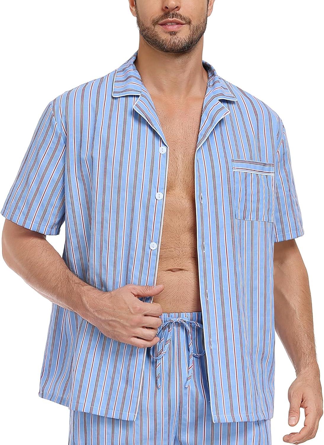 imageSWOMOG Mens 100 Cotton Pajama Set 2Pcs Button Down Pjs Set Short Sleeve Sleepwear with Pocket Soft Summer Stripe NightwearBlue Stripes