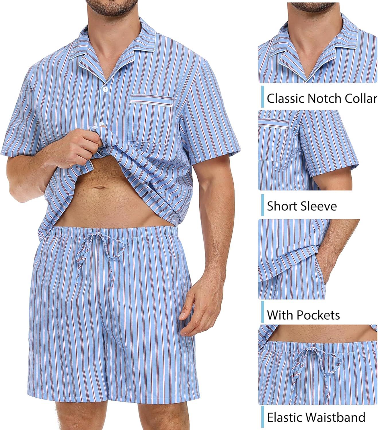 imageSWOMOG Mens 100 Cotton Pajama Set 2Pcs Button Down Pjs Set Short Sleeve Sleepwear with Pocket Soft Summer Stripe NightwearBlue Stripes