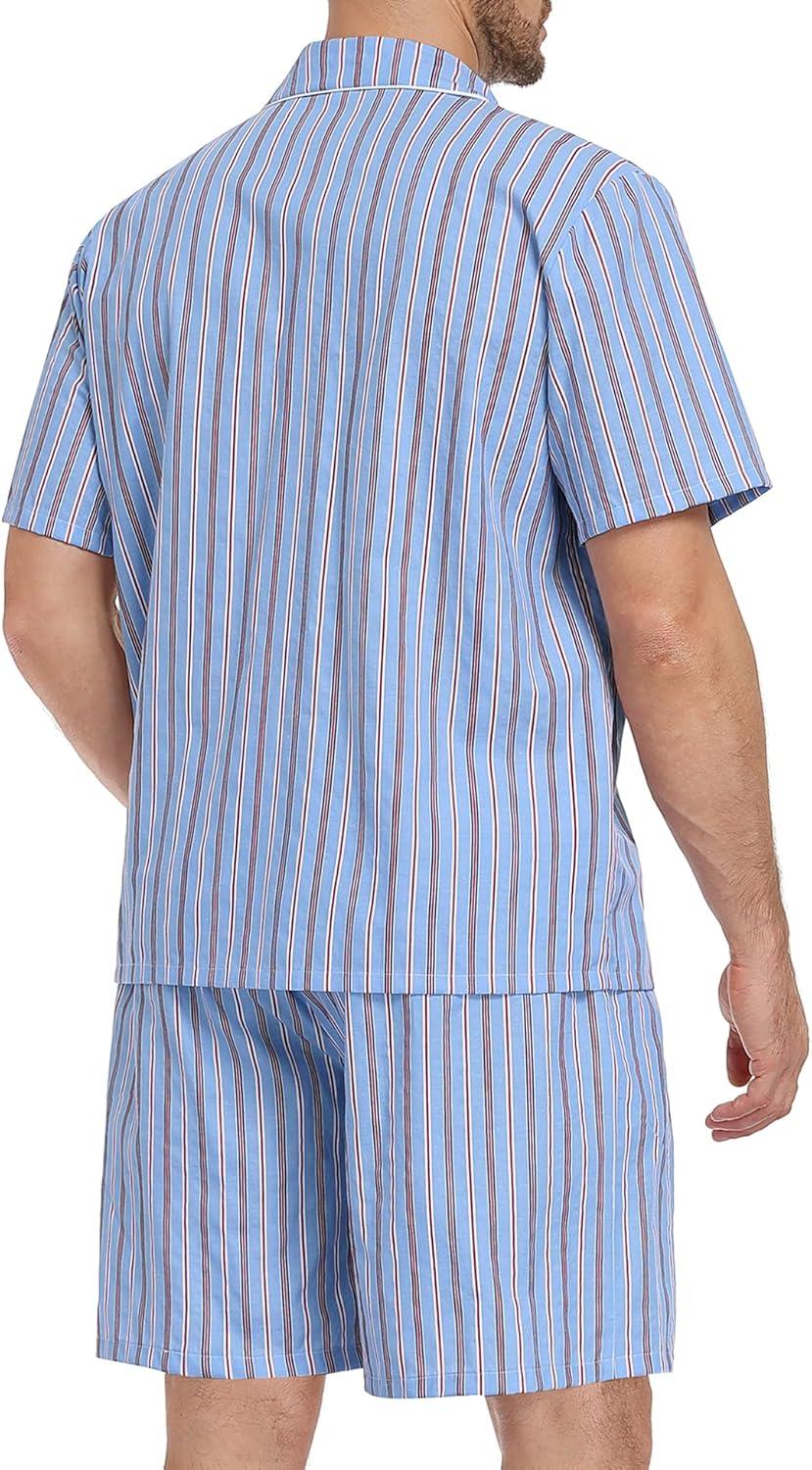 imageSWOMOG Mens 100 Cotton Pajama Set 2Pcs Button Down Pjs Set Short Sleeve Sleepwear with Pocket Soft Summer Stripe NightwearBlue Stripes